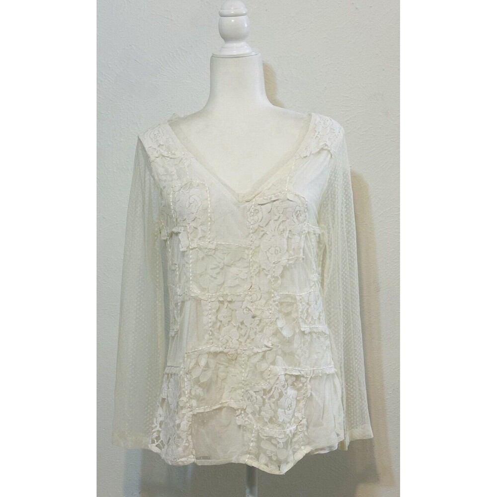 Sundance Women Size M White Floral V-neck Blouse Polka Dot Embroidered Business